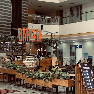A modern indoor coffee shop located in a shopping mall with a prominent 'BARISTA' sign. The shop features wooden furniture, a counter with a glass display of pastries, potted plants, and a safety signboard. The area is well-lit with overhead lighting and natural light from the mall's upper level. The background shows various other storefronts.